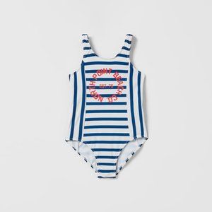 Zara Kids Striped Swimsuit Girls 2-3 One Piece Swimwear North Point Beach Blue